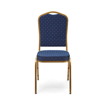 Front view of Crown Banqueting Chair with blue padded seat and back and gold frame.